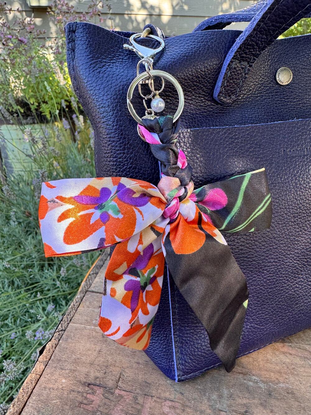 Satin Orange Pink Black Floral Print Bow Bag Charm Floral Purse Charm